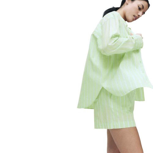 M&S Womens Pure Cotton Poplin Striped Pyjama Top, 10, Green
