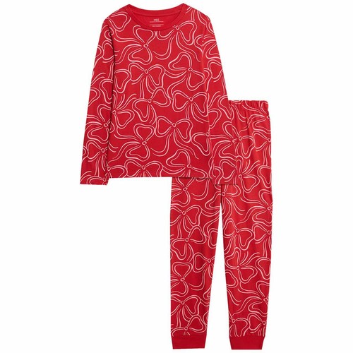 M&S Girls Pure Cotton Bow Print Pyjamas, 12-13 Years, Red