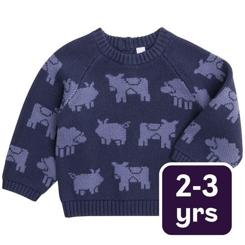 M&S Boys Pure Cotton Cow Motif Knitted Jumper, 2-3 Years, Navy