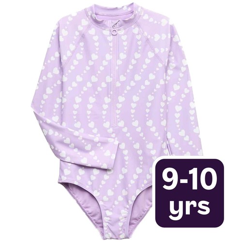 M&S Heart Print Long Sleeve Swimsuit, 9-10 Years, Purple