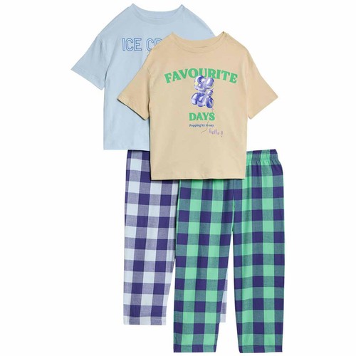M&S Boys Pure Cotton Checked Pyjama Set, 7-8 Years, Blue