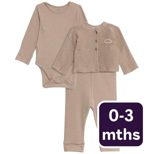 M&S 3 piece Cotton Rich Outfit, 0-3 months, Brown
