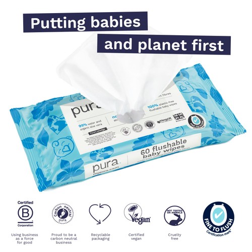 Pura Plastic Free Flushable Baby Wipes 60pk