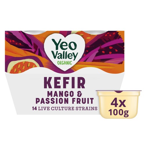 Yeo Valley Organic Mango & Passionfruit Kefir Yogurt, 4 x 100g Yeo Valley Organic Mango & Passionfruit Kefir Yogurt, 4 x 100g
