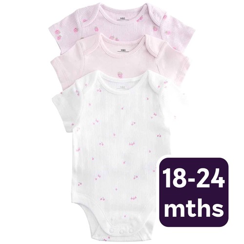 M&S Girls Pure Cotton Printed Bodysuits, 18-24 M, Magenta