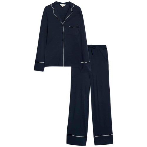 M&S Womens Autograph Cotton Modal Revere Pyjamas, M, Navy