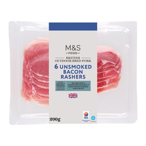 M&S British Outdoor Bred 6 Unsmoked Bacon Rashers Made Without Nitrites