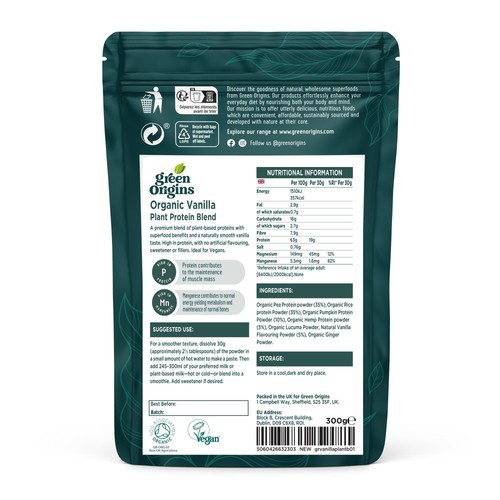 Green Origins Organic Vanilla Plant Protein Powder 