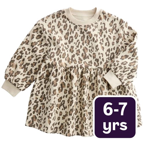 M&S Girls Leopard Print Sweat Dress, 6-7 Y, Neutral