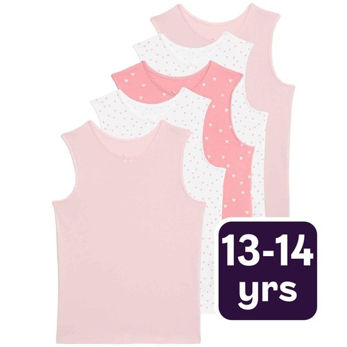 M&S Girls Pure Cotton Heart Print Vests, 13-14 Years, Pink Mix