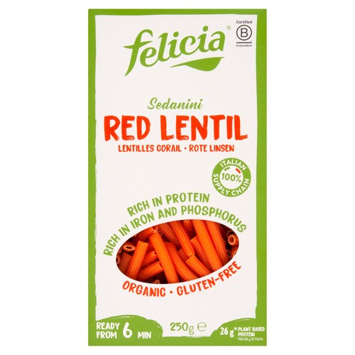 Felicia Gluten Free Organic Red Lentil  Protein Sedanini Pasta