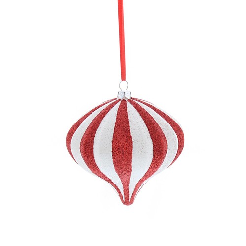 Red/White Glitter Striped Onion Shaped Decoration