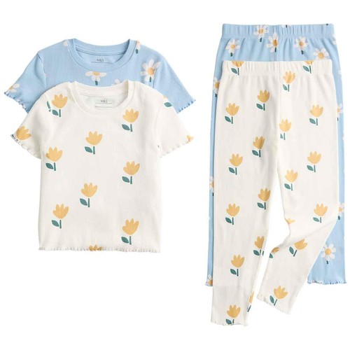 M&S Girls Cotton Rich Floral Pyjama Sets, 4-5 Y, Blue Mix