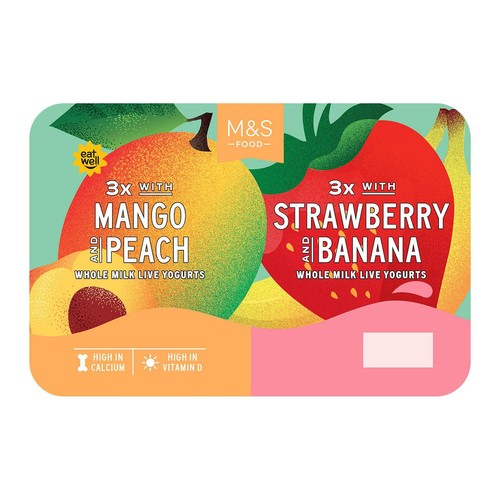 M&S 3 x Mango & Peach & 3 x Strawberry & Banana Whole Milk Live Yogurts