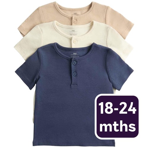 M&S Boys Short Sleeve Henley Tops, 18-24 Months, Navy