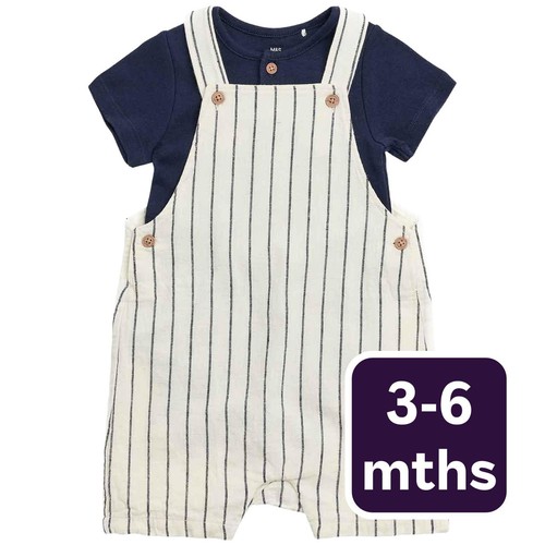 M&S Smart Thin Stripe Linen Bib Short, 3-6 Months, Blue