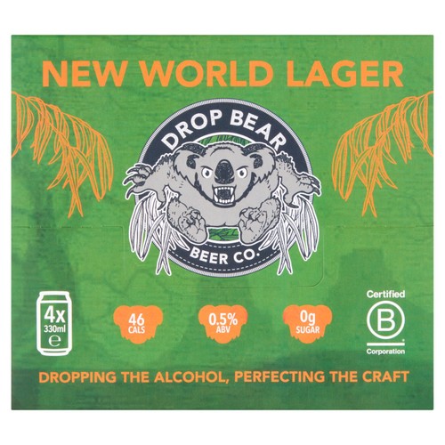 Drop Bear Beer New World Lager 4 pack 0.5% Alcohol-Free