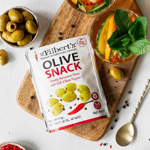 Mr Filberts Olive Snacks Green Olives with Chilli & Black Pepper