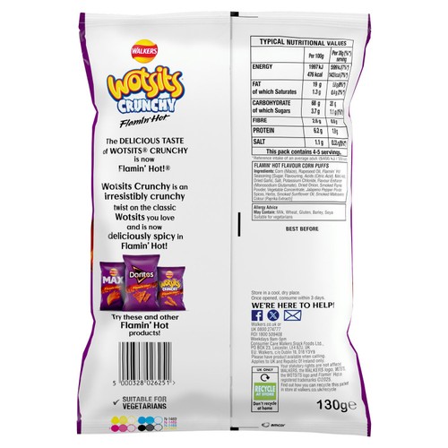 Wotsits Crunchy Extra Flamin' Hot Sharing Bag Crisps 130g