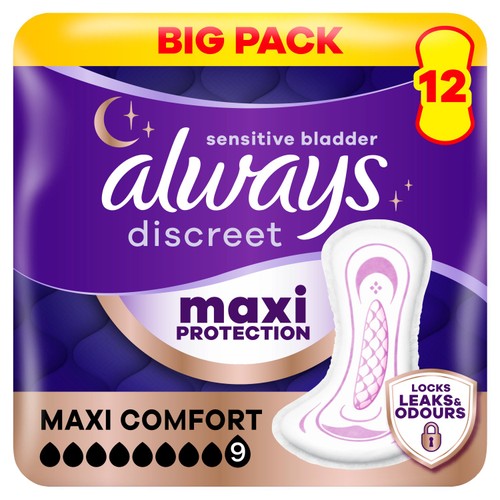 Always Discreet Adult Incontinence Pads Maxi Comfort Value Pack 12 Count