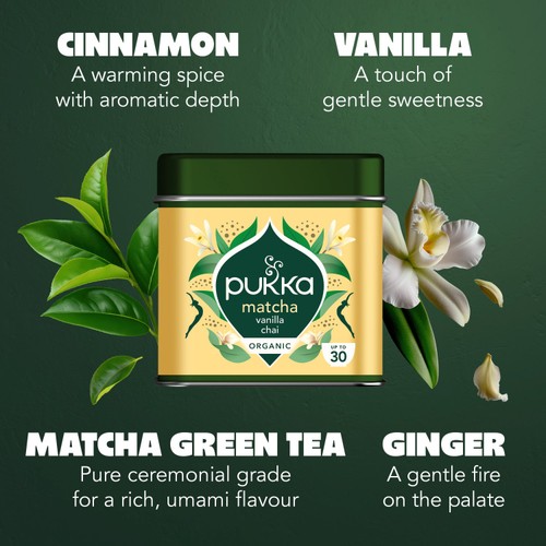 Pukka Herbs Organic Matcha Vanilla Chai Ceremonial Grade Green Tea Powder