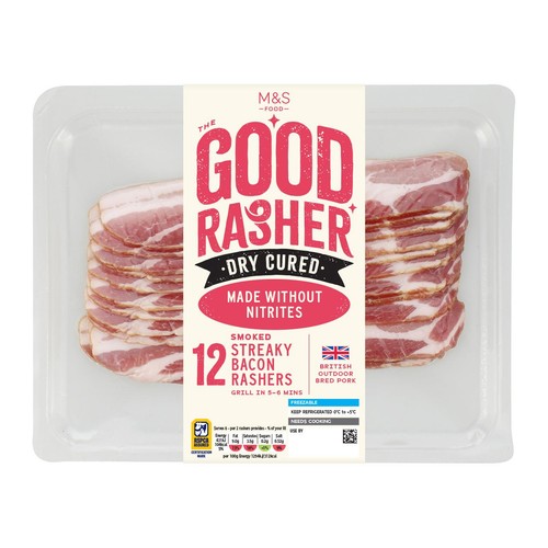 M&S Good Rasher 12 Dry Cured Smoked Streaky Bacon Rashers