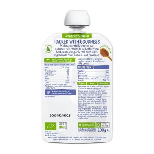 Piccolo Apple Banana & Blueberry Organic Pouch 4mths+