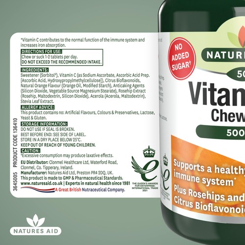 Natures Aid Chewable Vitamin C Supplement Capsules 500mg 