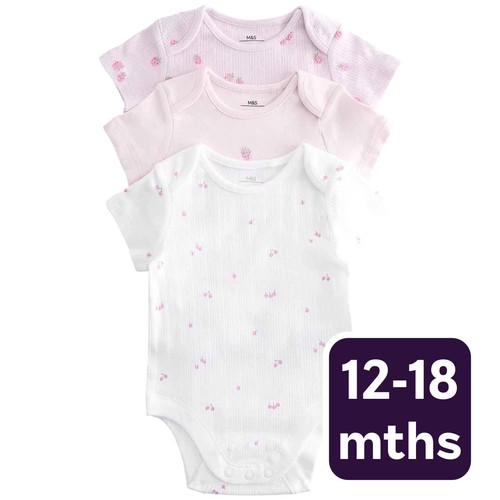 M&S Girls Pure Cotton Printed Bodysuits, 12-18 M, Magenta