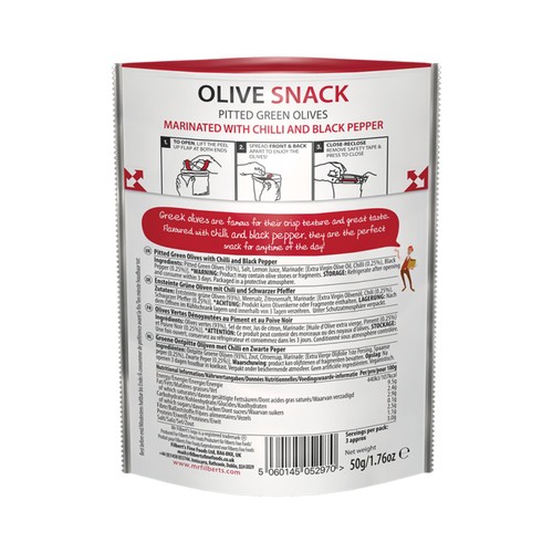 Mr Filberts Olive Snacks Green Olives with Chilli & Black Pepper