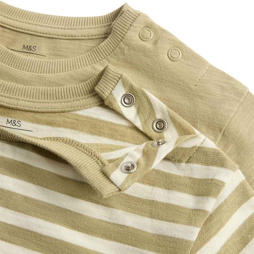 M&S Boys 2 Pack Pure Cotton Stripe T-Shirts, 3-6 Months, Khaki