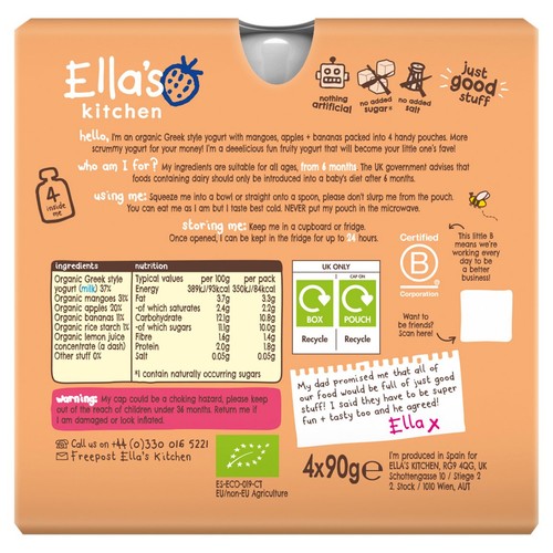 Ella's Kitchen Organic Mango Greek Style Yog Food Pouch Multi 6m+ M