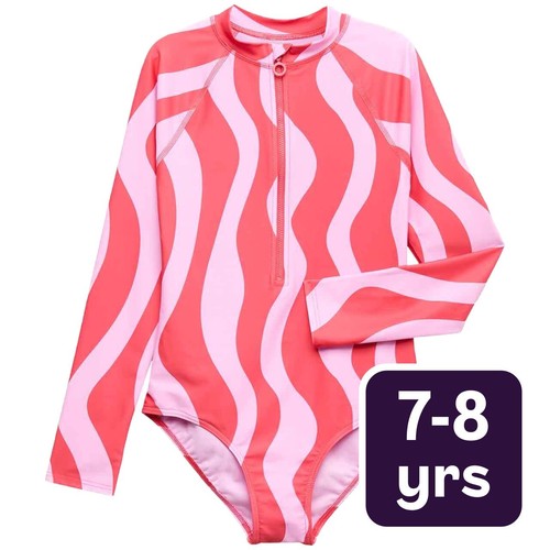 M&S Wave Stripe Long Sleeve Swimsuit, 7-8 Years, Multi