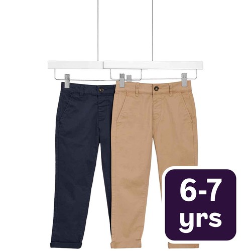 M&S Boys 2pk Cotton Rich Chinos, 6-7 Years Stone/Navy