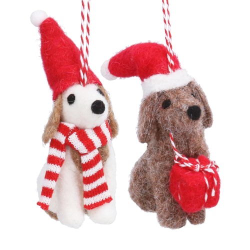 Wool Hanging Dog with Santa Hat Decoration