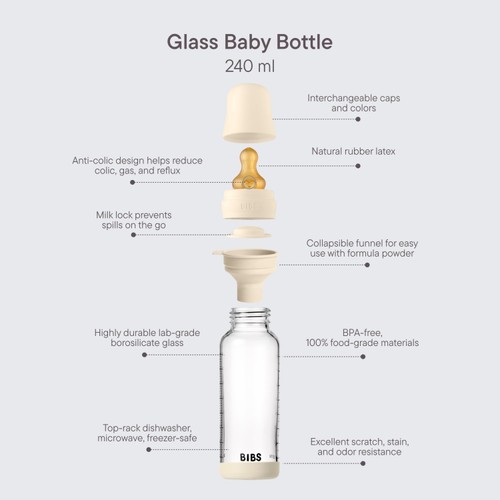 BIBS Glass Baby Bottle Medium Flow 240ml 2m+