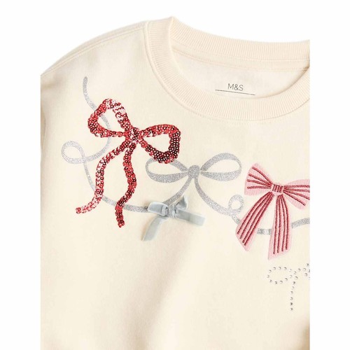 M&S French Fancy Bow Sweatshirt, 6-7 Years, Ivory