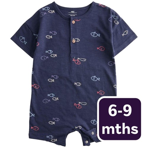 M&S Boys Pure Cotton Jersey Navy Fish Romper '6-9 Months Navy