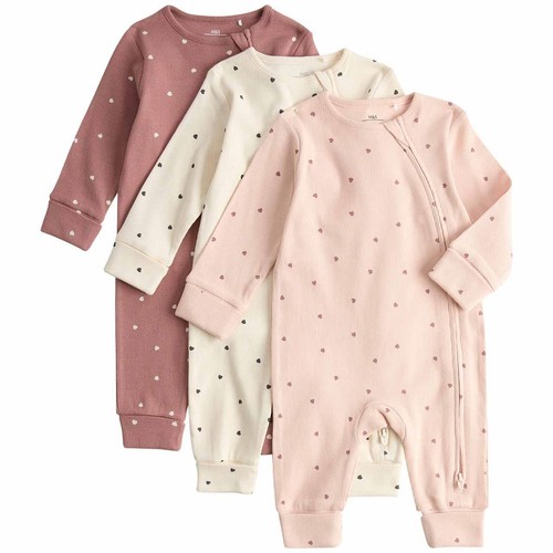 M&S Heart Footless Sleepsuit, 0-3 M, Blush