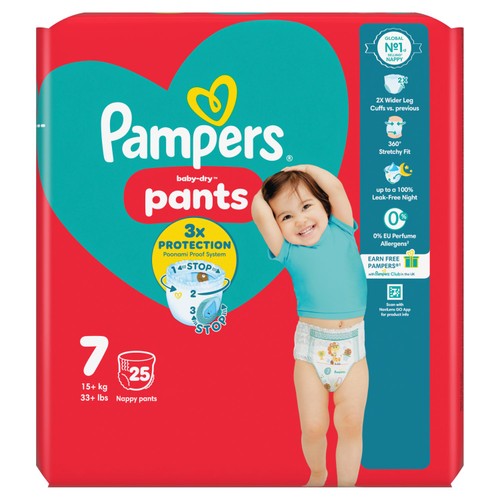 Pampers Baby-Dry Nappy Pants, Size 7 (15kg+) Essential Pack