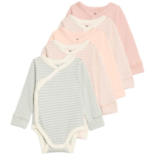 M&S Girls Pure Cotton Striped Bodysuits (0 Mths-3 Yrs) '18-24 Months Blush