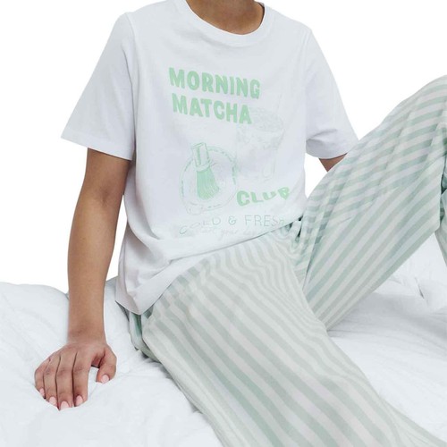 M&S Womens Pure Cotton Pyjama Set With Woven Bottoms, Small, Green Mix