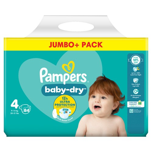 Pampers Baby-Dry Nappies, Size 4 (9-14kg) Jumbo+ Pack