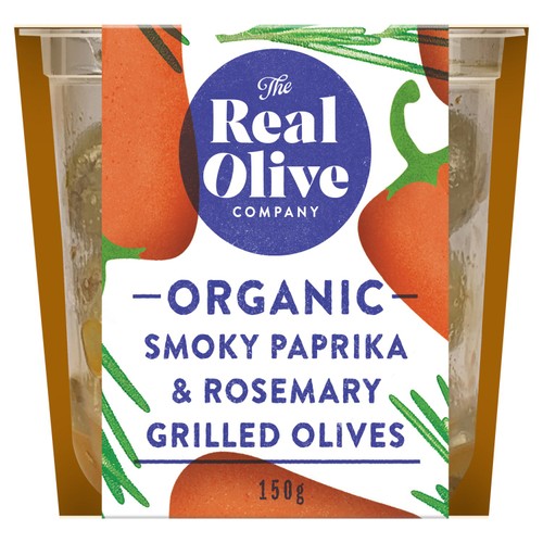 Real Olive Co. Organic Grilled Olives with Smoky Paprika & Rosemary.