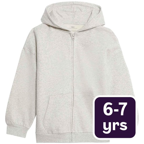 M&S Girls Cotton Rich Zip Hoodie, 6-7 Years, Grey Marl