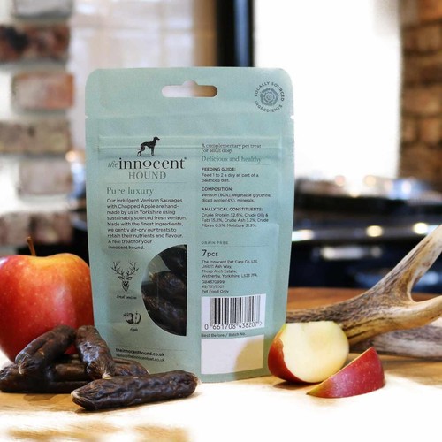 The Innocent Hound Dog Treats, Venison Sausages with Chopped Apple