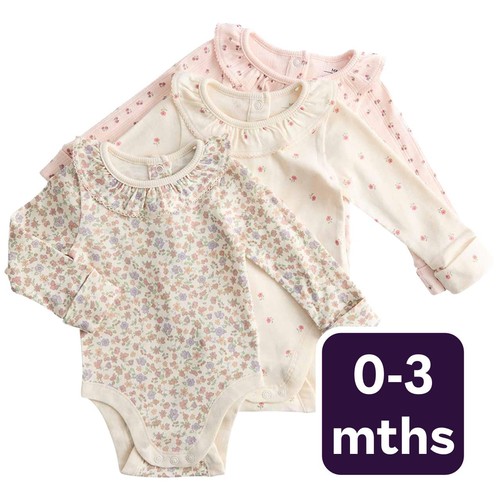 M&S Girls Floral Pointelle Bodysuit with Collar, 0-3 Months, Ivory