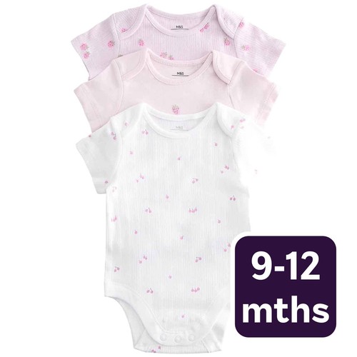 M&S Girls Pure Cotton Printed Bodysuits, 9-12 M, Magenta