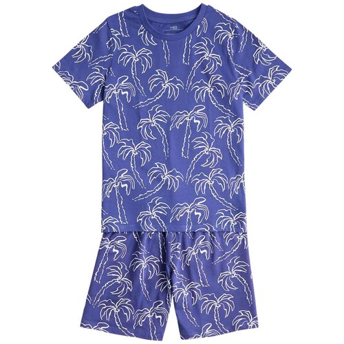 M&S Boys Palm Tree Short Pyjamas, 5-6 Years, Blue
