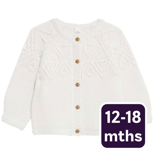 M&S Collection Girls, Pure Cotton Patterned Cardigan, 12-18 Months, Cream